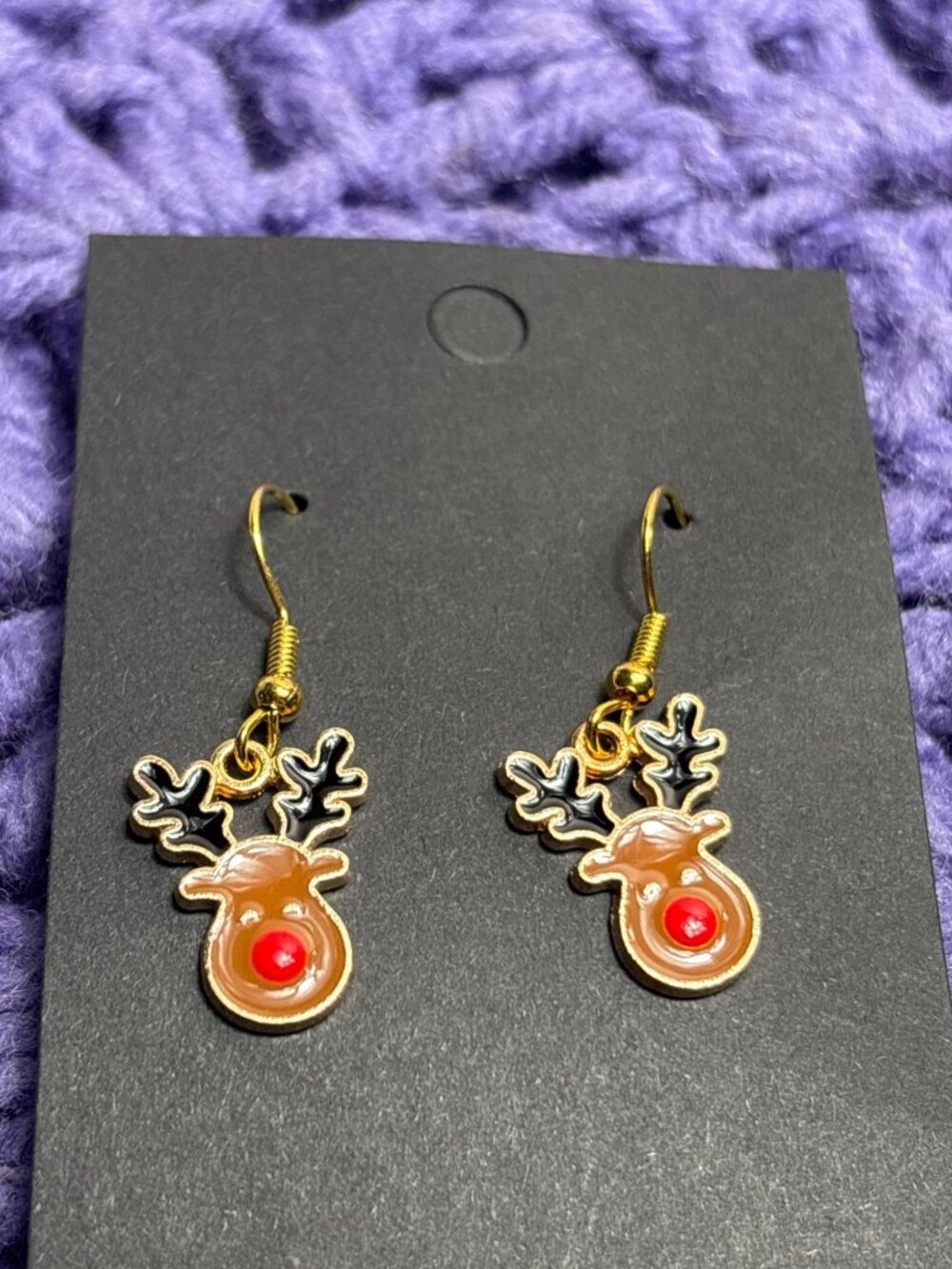 Rudolph Reindeer Dangle Earring Enameled Goldtone 0.75 inch